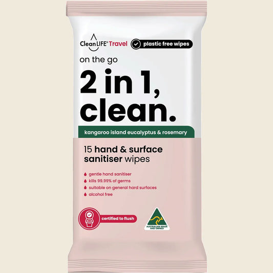 2 In 1 Plastic Free Wipes Hand and Surface Sanitiser 15pk