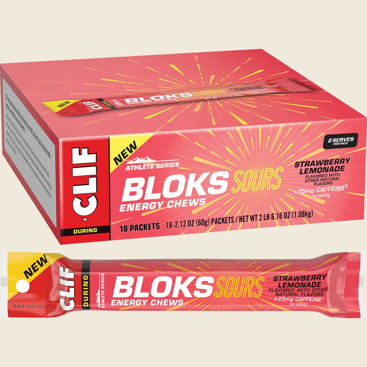 Clif Bloks Energy Chews Sour Strwby Lemonade 25mg Caffeine 18x60g