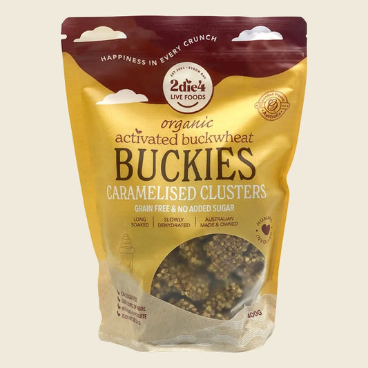 2die4 Live Foods Organic Activated Buckies Caramelised Clusters 400g