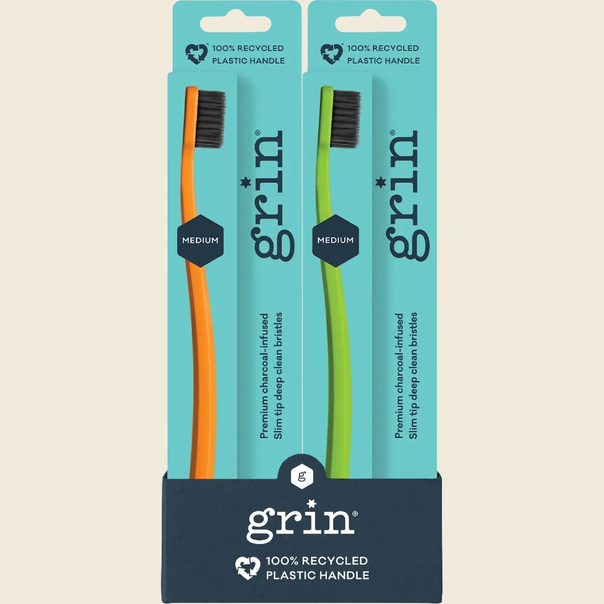Grin 100% Recycled Toothbrush Medium Lime, Orange x8