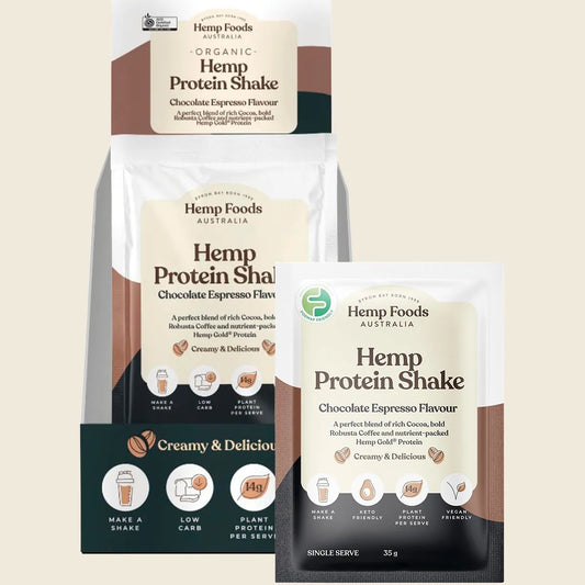 Hemp Foods Australia Hemp Protein Shake Chocolate Espresso Sachet 35g X 7 Display