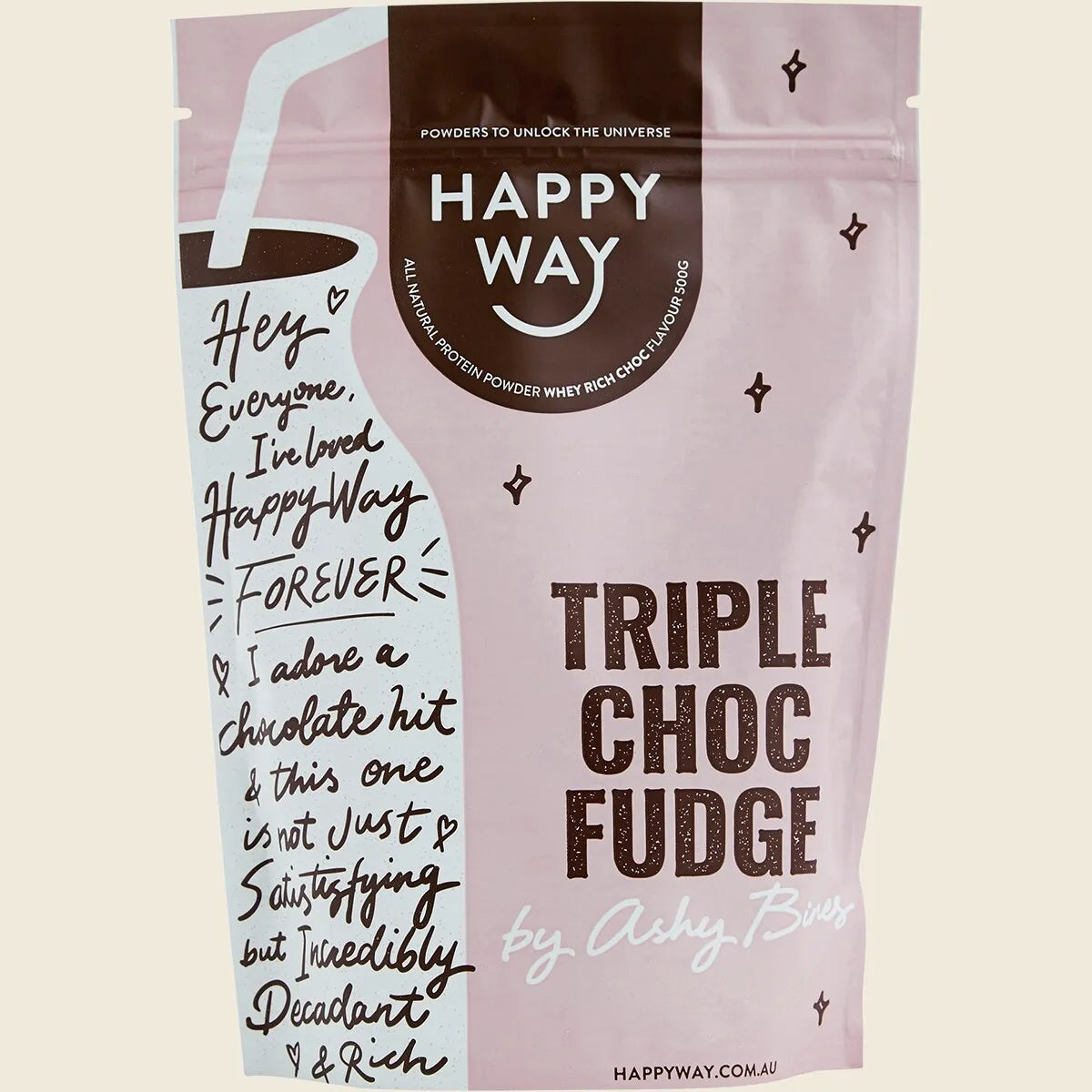 Happy Way Ashy Bines Whey Protein Powder Triple Choc Fudge 500g