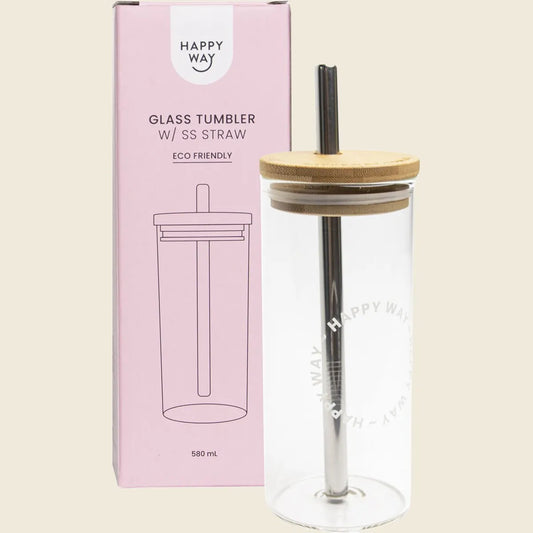 Glass Tumbler with Stainless Steel Straw 580ml