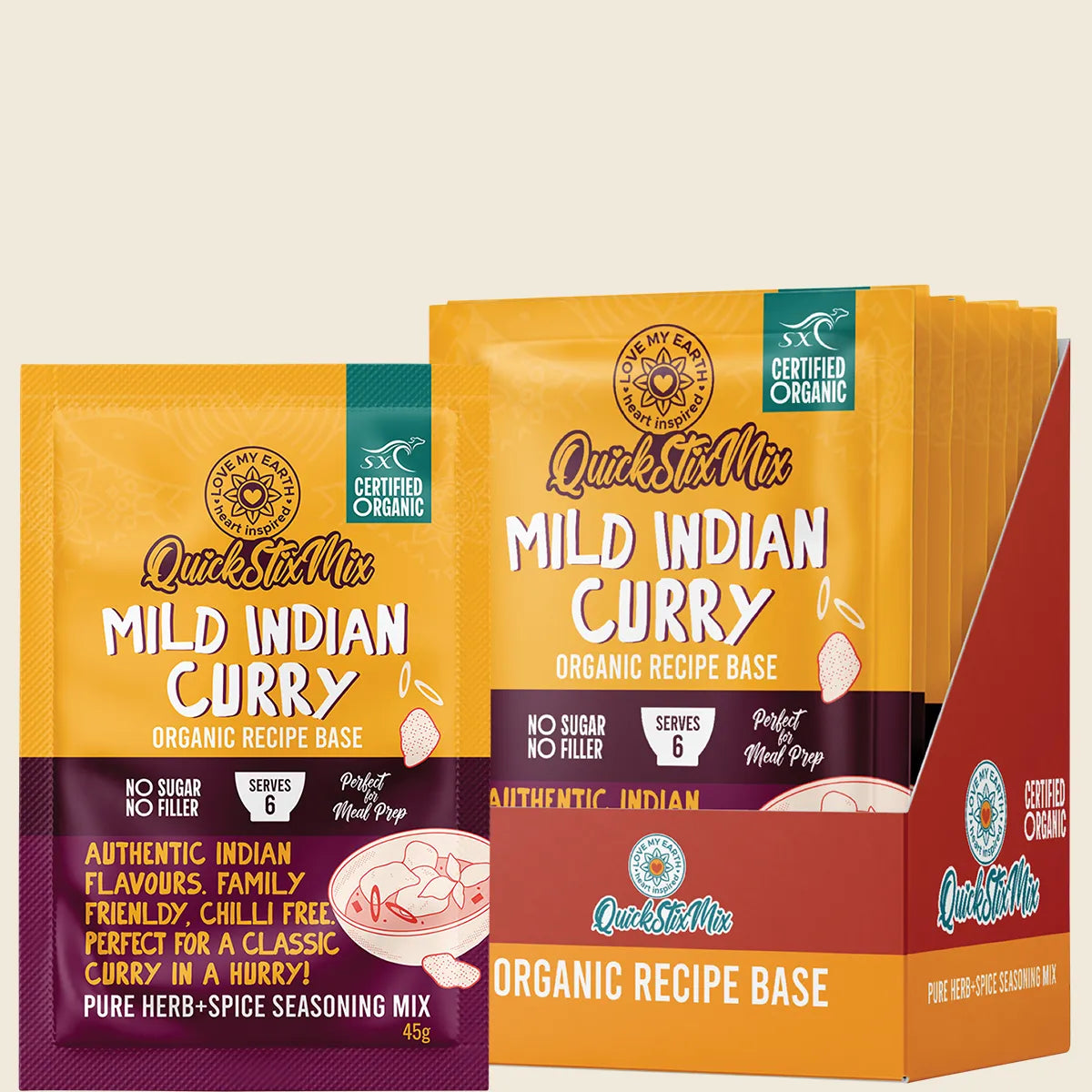 Quick Stix Mix Organic Recipe Base Mild Indian Curry 10x45g