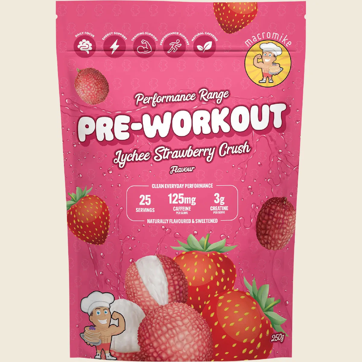 Macro Mike Pre Workout Lychee Strawberry Crush 250g
