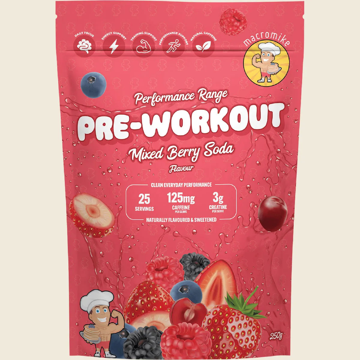 Macro Mike Pre Workout Mixed Berry Soda 250g