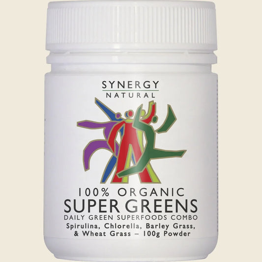 Synergy Natural Organic Super Greens (spirulina Chlorella Barley Grass & Wheat Grass) Powder 100g