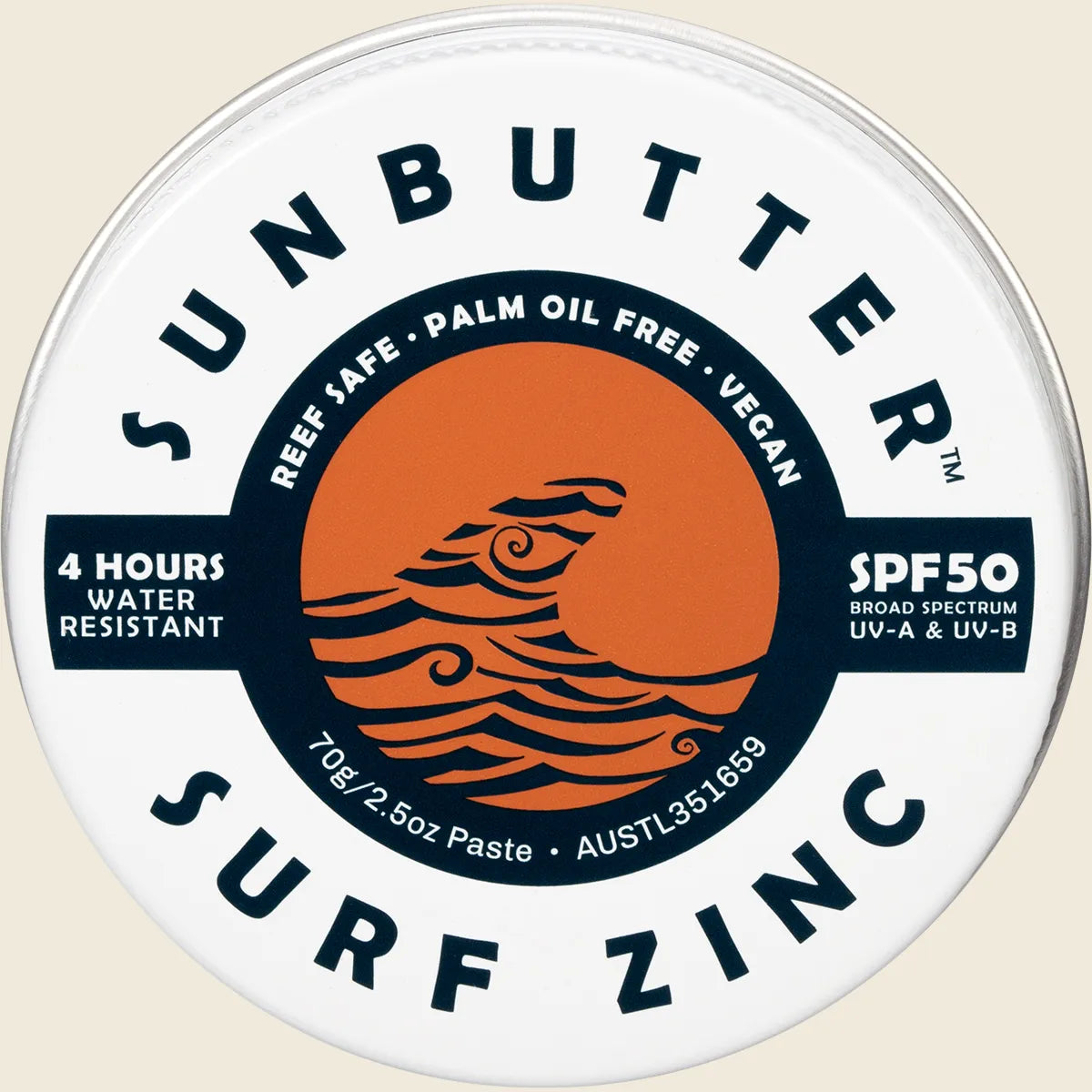Sunbutter Skincare Sunscreen Surf Zinc Tan Spf 50 Tin 70g
