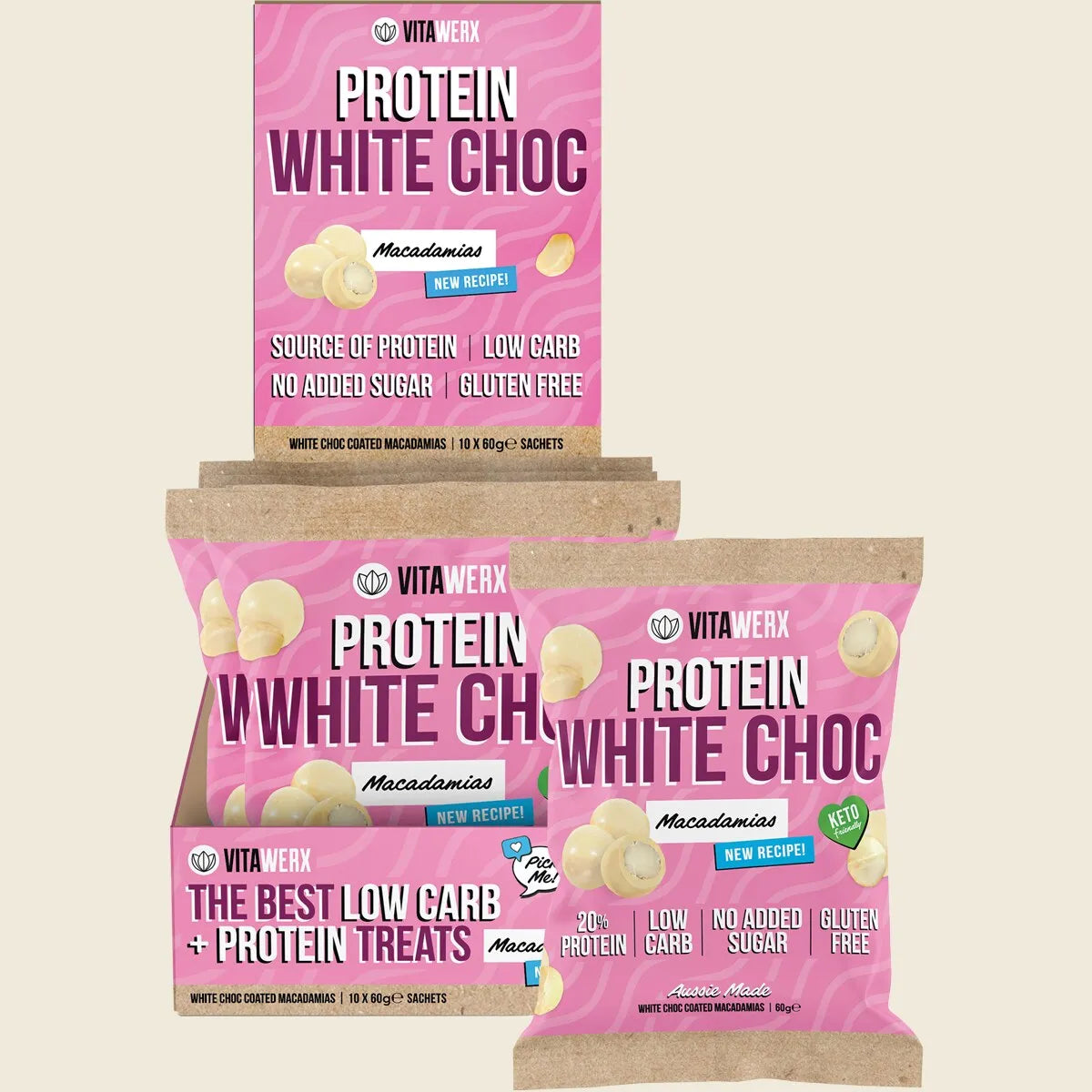 White Choc Coated Macadamias 10x60g